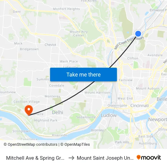 Mitchell Ave & Spring Grove Ave to Mount Saint Joseph University map