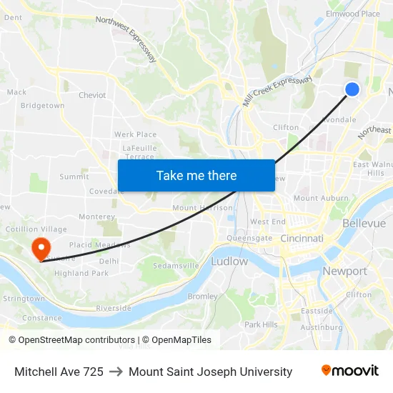 Mitchell Ave 725 to Mount Saint Joseph University map