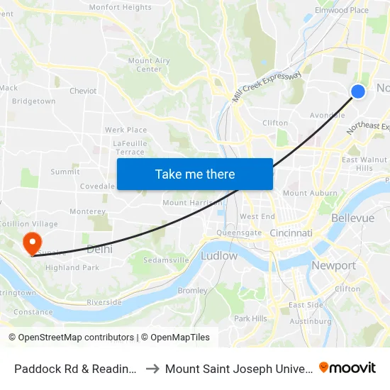 Paddock Rd & Reading Rd to Mount Saint Joseph University map