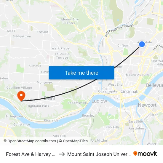 Forest Ave & Harvey Ave to Mount Saint Joseph University map