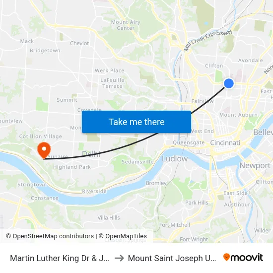 Martin Luther King Dr & Jefferson to Mount Saint Joseph University map