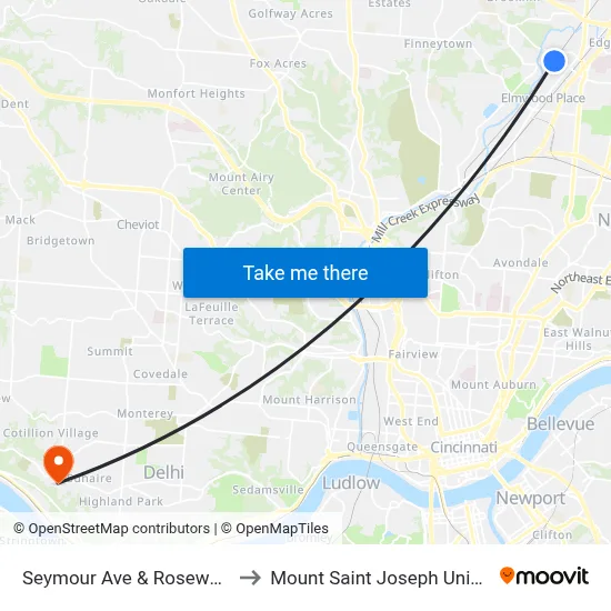 Seymour Ave & Rosewood St to Mount Saint Joseph University map