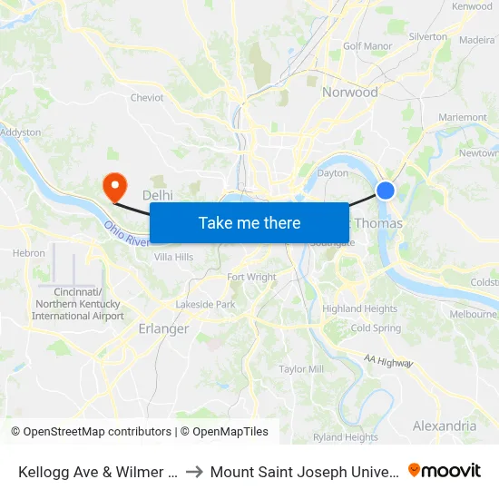 Kellogg Ave & Wilmer Ave to Mount Saint Joseph University map