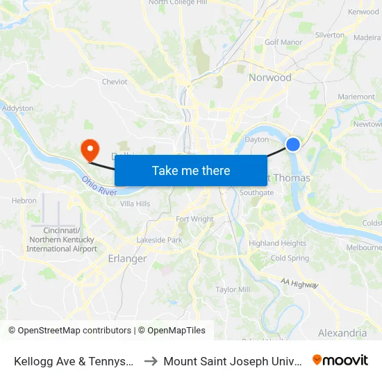 Kellogg Ave & Tennyson St to Mount Saint Joseph University map