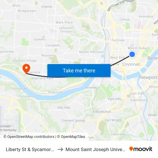 Liberty St & Sycamore St to Mount Saint Joseph University map