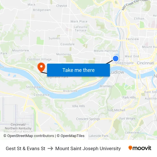 Gest St & Evans St to Mount Saint Joseph University map