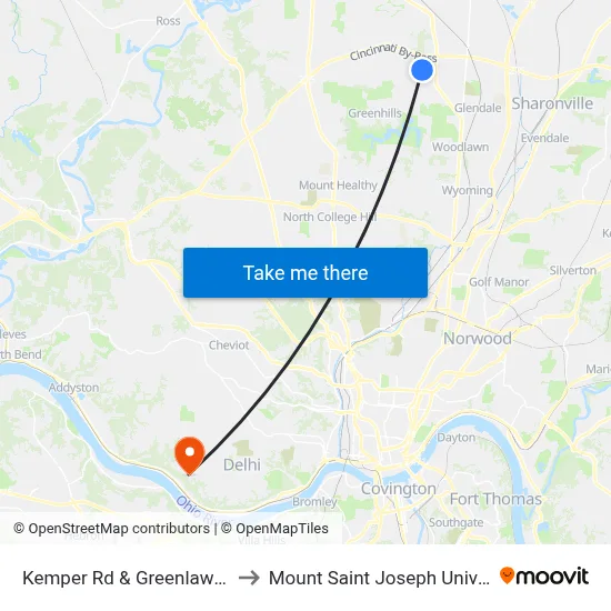 Kemper Rd & Greenlawn Ave to Mount Saint Joseph University map