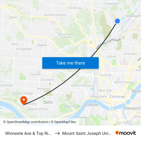 Winneste Ave & Top Ridge Pl to Mount Saint Joseph University map