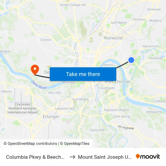 Columbia Pkwy & Beechmont Ave to Mount Saint Joseph University map
