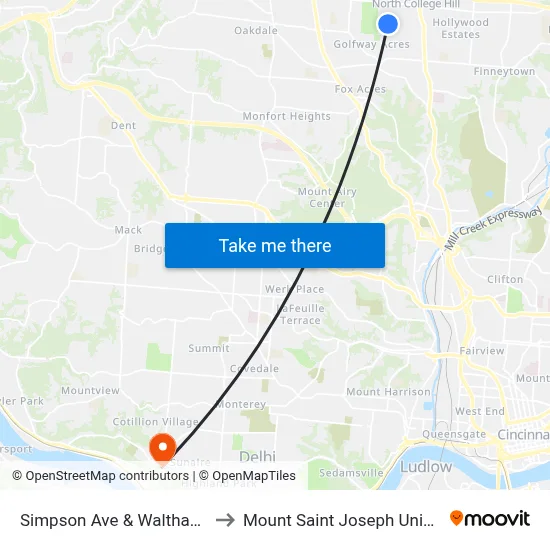 Simpson Ave & Waltham Ave to Mount Saint Joseph University map