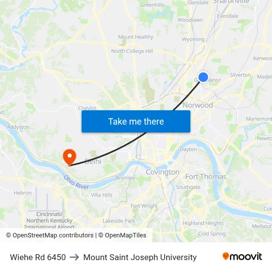 Wiehe Rd 6450 to Mount Saint Joseph University map