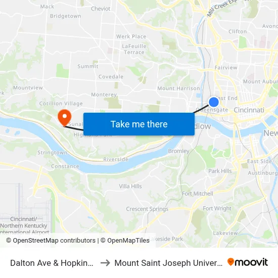 Dalton Ave & Hopkins St to Mount Saint Joseph University map