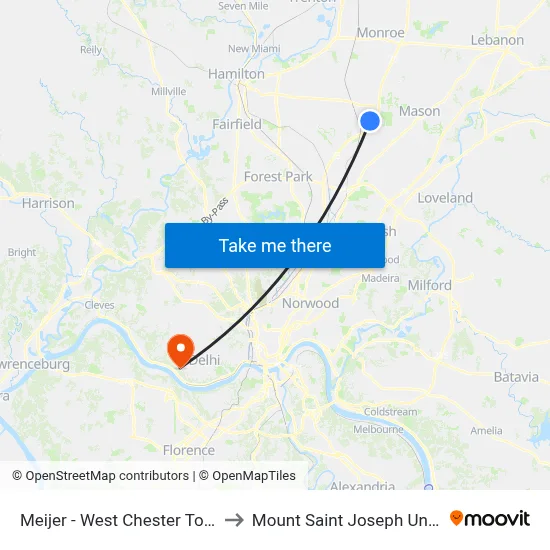 Meijer - West Chester Township to Mount Saint Joseph University map
