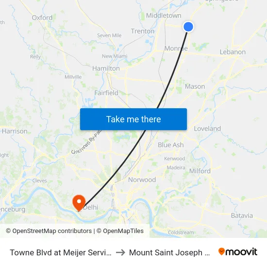 Towne Blvd at Meijer Service Station to Mount Saint Joseph University map