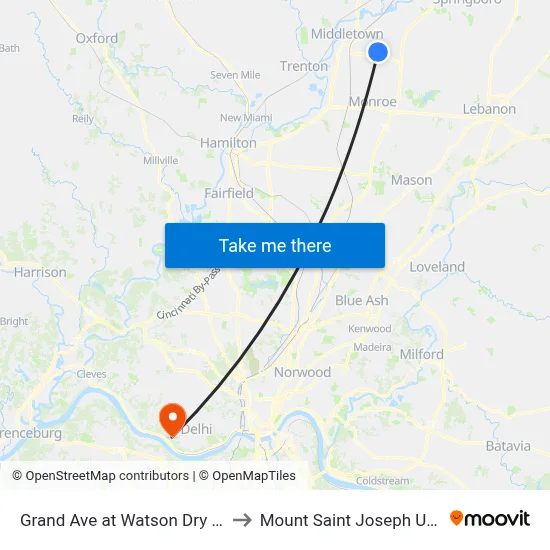 Grand Ave at Watson Dry Cleaners to Mount Saint Joseph University map