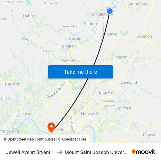 Jewell Ave at Bryant St to Mount Saint Joseph University map