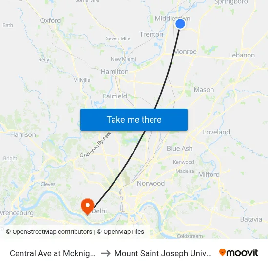 Central Ave at Mcknight St to Mount Saint Joseph University map