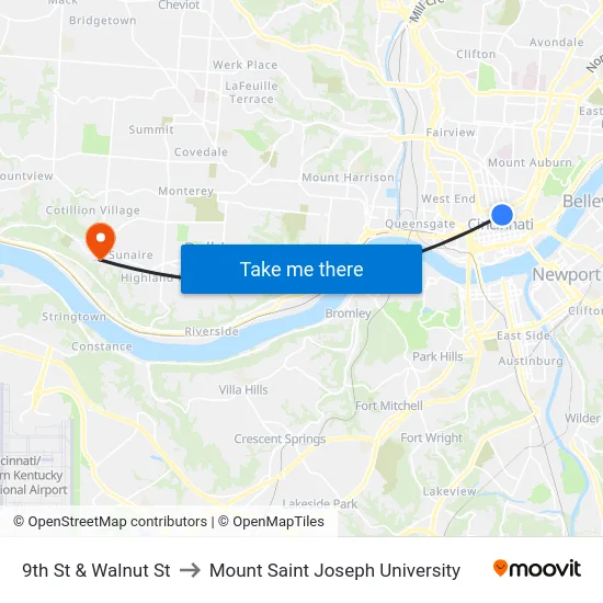 9th St & Walnut St to Mount Saint Joseph University map