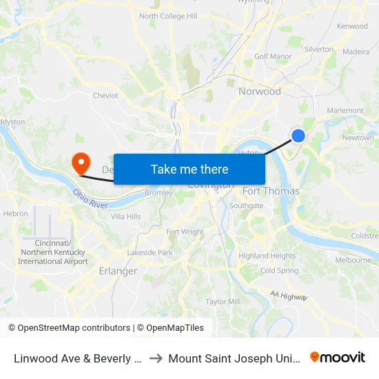 Linwood Ave & Beverly Hill Dr to Mount Saint Joseph University map