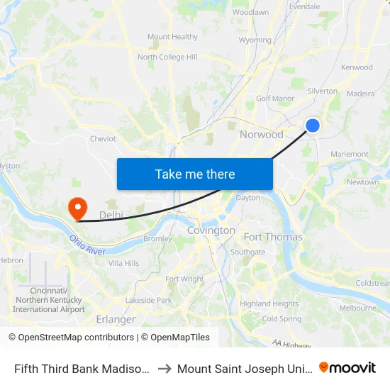 Fifth Third Bank Madisonville 2 to Mount Saint Joseph University map