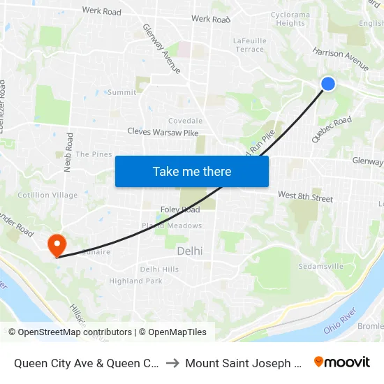 Queen City Ave & Queen City Bypass to Mount Saint Joseph University map