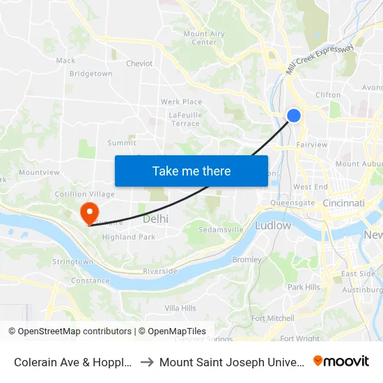 Colerain Ave & Hopple St to Mount Saint Joseph University map