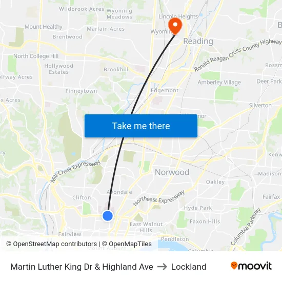 Martin Luther King Dr & Highland Ave to Lockland map