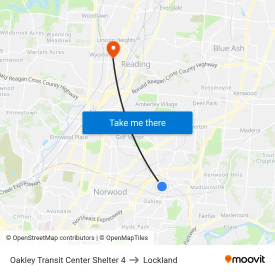 Oakley Transit Center Shelter 4 to Lockland map