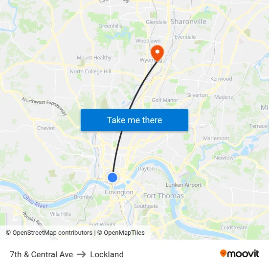 7th & Central Ave to Lockland map