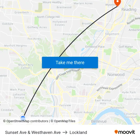 Sunset Ave & Westhaven Ave to Lockland map