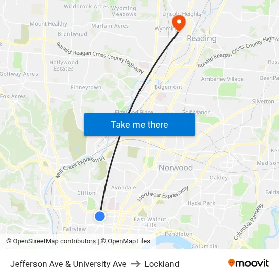 Jefferson Ave & University Ave to Lockland map