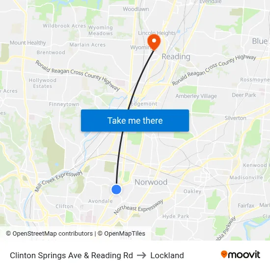 Clinton Springs Ave & Reading Rd to Lockland map
