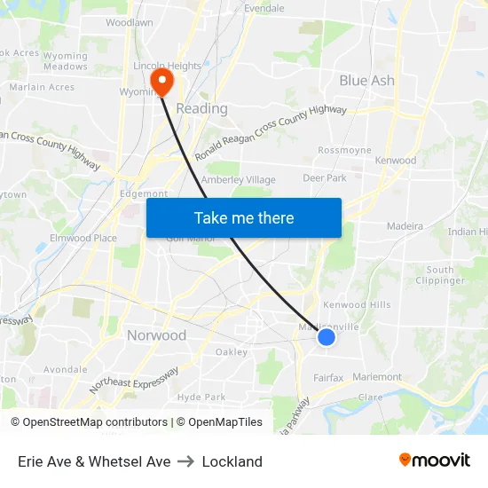 Erie Ave & Whetsel Ave to Lockland map