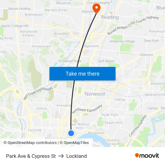 Park Ave & Cypress St to Lockland map