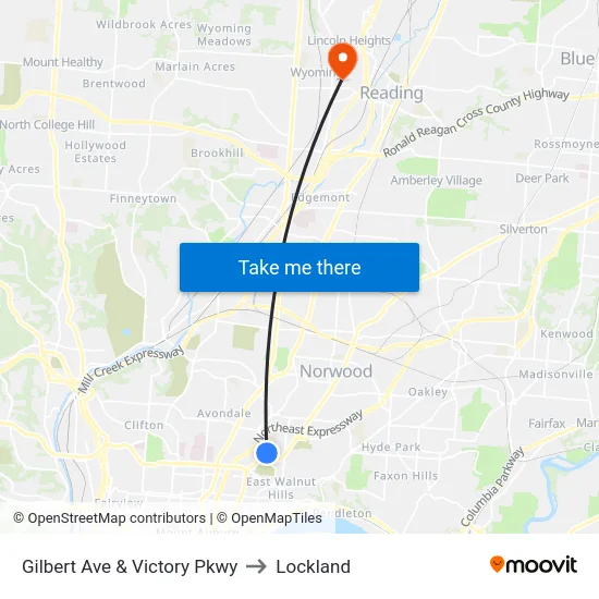 Gilbert Ave & Victory Pkwy to Lockland map