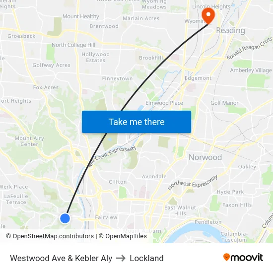 Westwood Ave & Kebler Aly to Lockland map