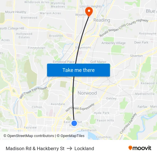 Madison Rd & Hackberry St to Lockland map