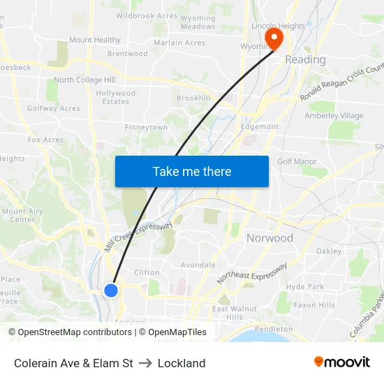 Colerain Ave & Elam St to Lockland map