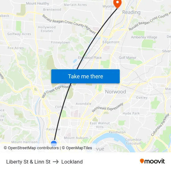 Liberty St & Linn St to Lockland map
