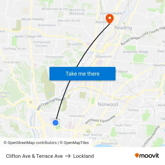Clifton Ave & Terrace Ave to Lockland map