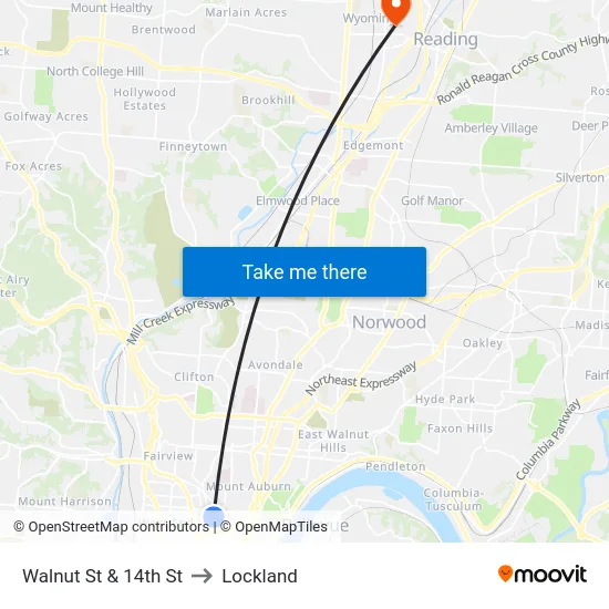 Walnut St & 14th St to Lockland map