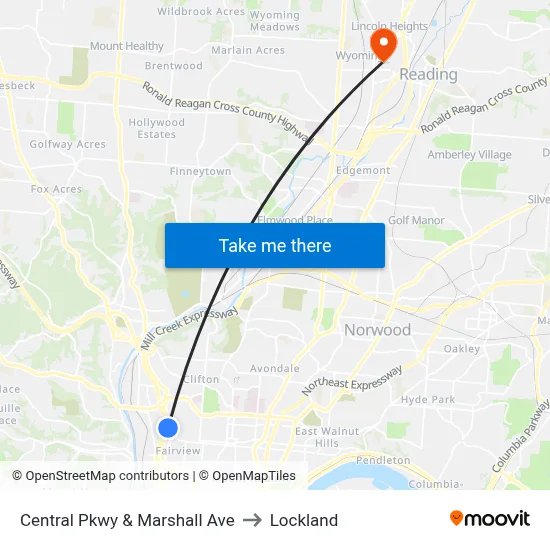 Central Pkwy & Marshall Ave to Lockland map