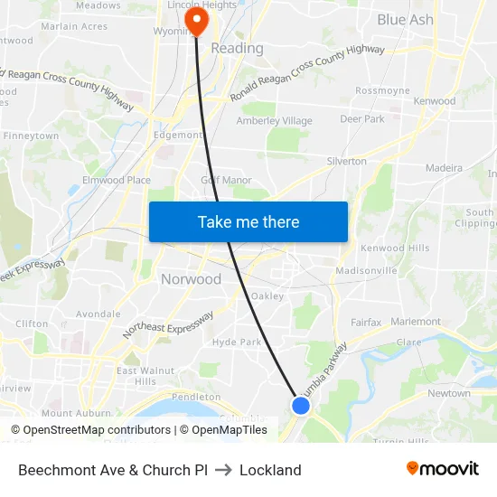 Beechmont Ave & Church Pl to Lockland map