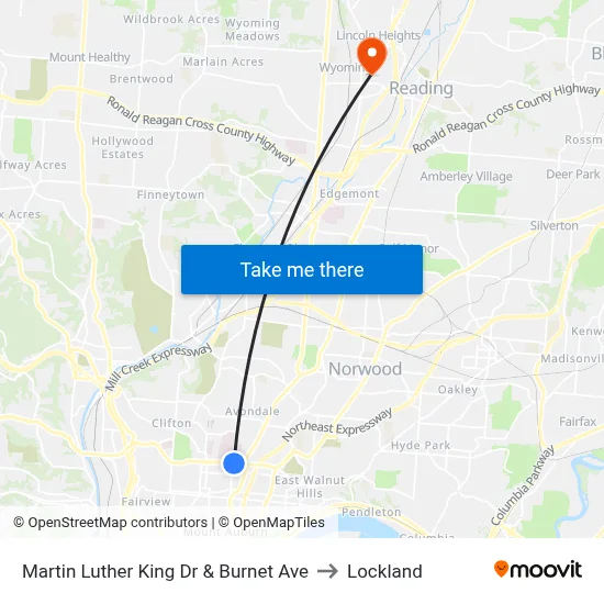 Martin Luther King Dr & Burnet Ave to Lockland map