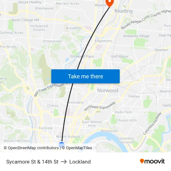 Sycamore St & 14th St to Lockland map