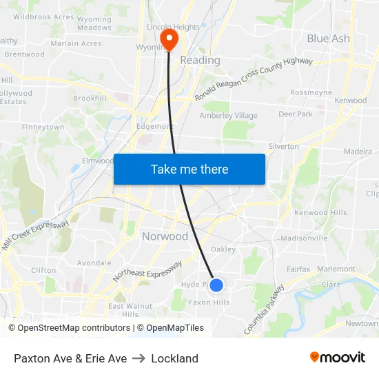 Paxton Ave & Erie Ave to Lockland map
