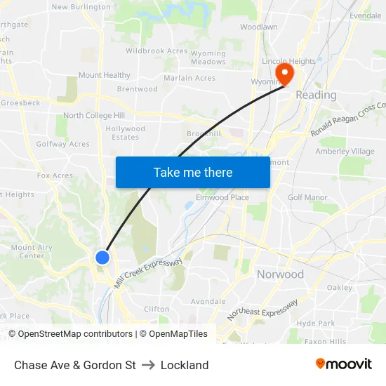 Chase Ave & Gordon St to Lockland map