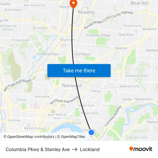 Columbia Pkwy & Stanley Ave to Lockland map