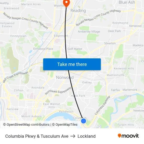 Columbia Pkwy & Tusculum Ave to Lockland map