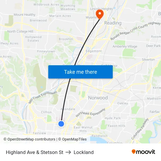 Highland Ave & Stetson St to Lockland map